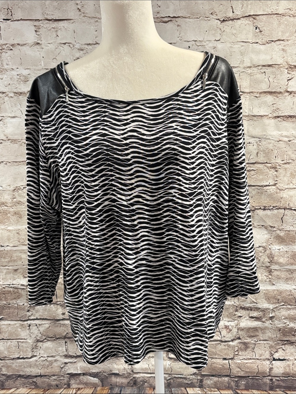 Rafaella Black & White Wave-Print 3/4 Sleeve Top with Faux Leather Shoulders